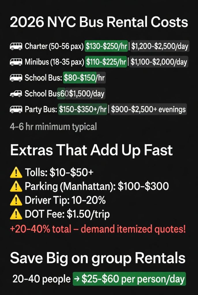 How Much Is a Bus Rental in NYC Right Now? Straight Talk on 2026 Prices 4 Infographic how much is a bus rental in nyc