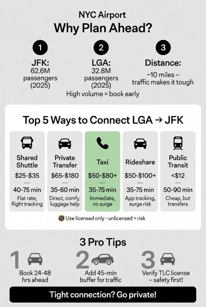 Ultimate LGA to JFK Shuttle Connection Guide in 2026: Stress-Free Airport Transfers That Actually Work 4 Infographic LGA to JFK shuttle connection