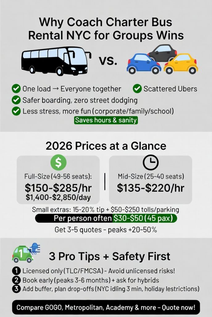 Coach Charter Bus Rental NYC for Groups: The Reliable 2026 Guide 4 Infographic coach charter bus rental nyc for groups
