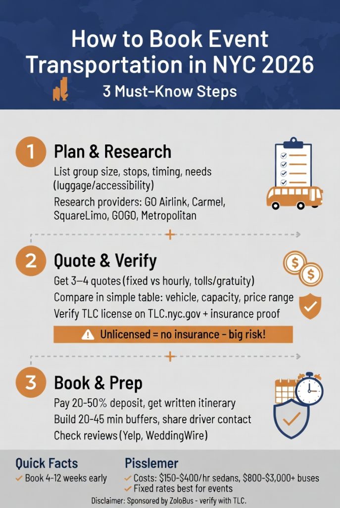 Ultimate Guide: How to Book Event Transportation in NYC in 2026 – Stress-Free & Reliable 4 Infographic how to book event transportation in nyc
