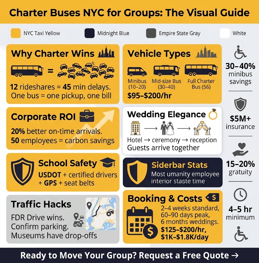 Charter Buses NYC for Groups: A No-Nonsense 2026 Guide from Someone Who's Been Stuck in Midtown Traffic Too Many Times 4 Infographic charter buses nyc for groups